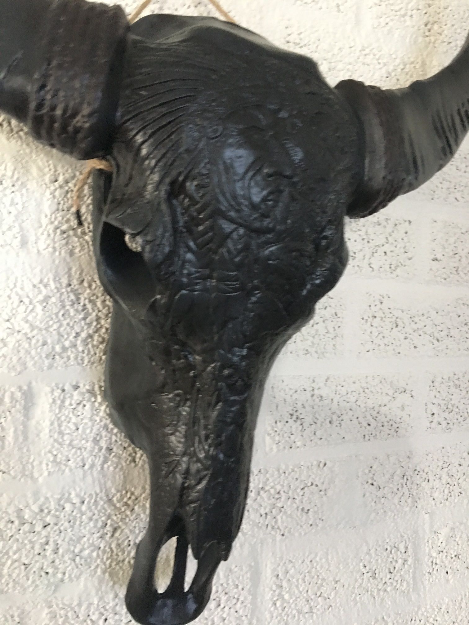 Indian stierenschedel zwart kleur met zwarte horens van polystein
